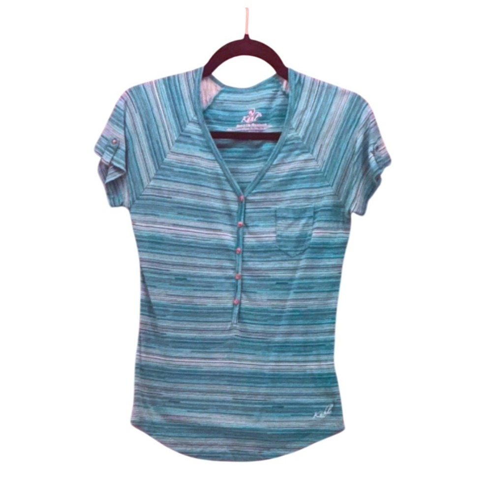 Kuhl Top S Blue Striped Henley Short Sleeve Button Front Outdoor Pocket T Shirt
